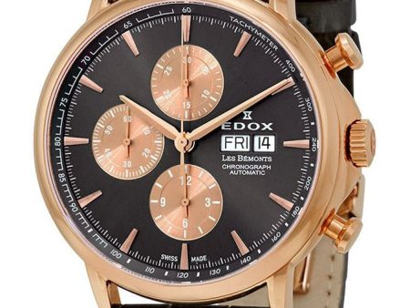 Edox Mens 01120-37R-GIR Les Bemonts Chronograph Automatic Stainless Steel Analog Display Day Date Watch with Black Leather Strap For Cheap